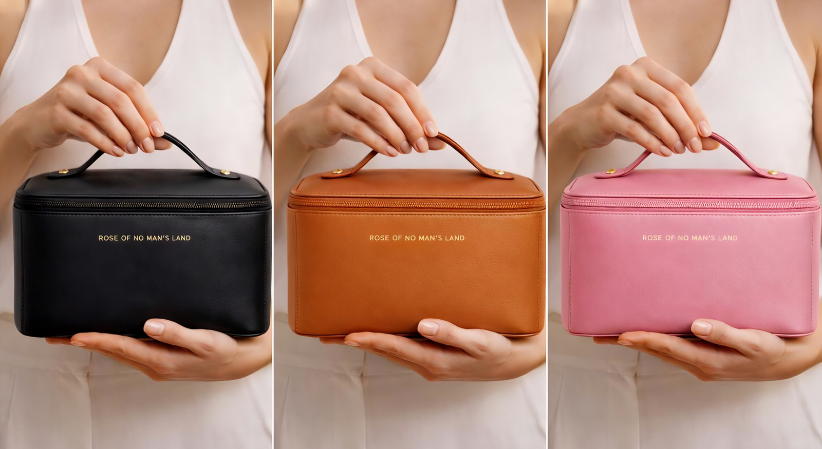 Makeup cosmetic bag shown in black, brown, and pink color