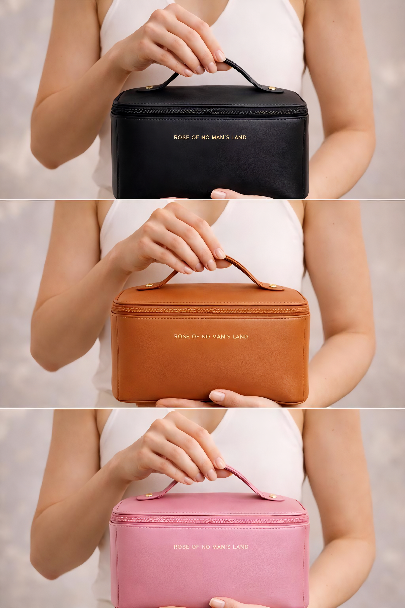 Makeup cosmetic bag shown in black, brown, and pink color