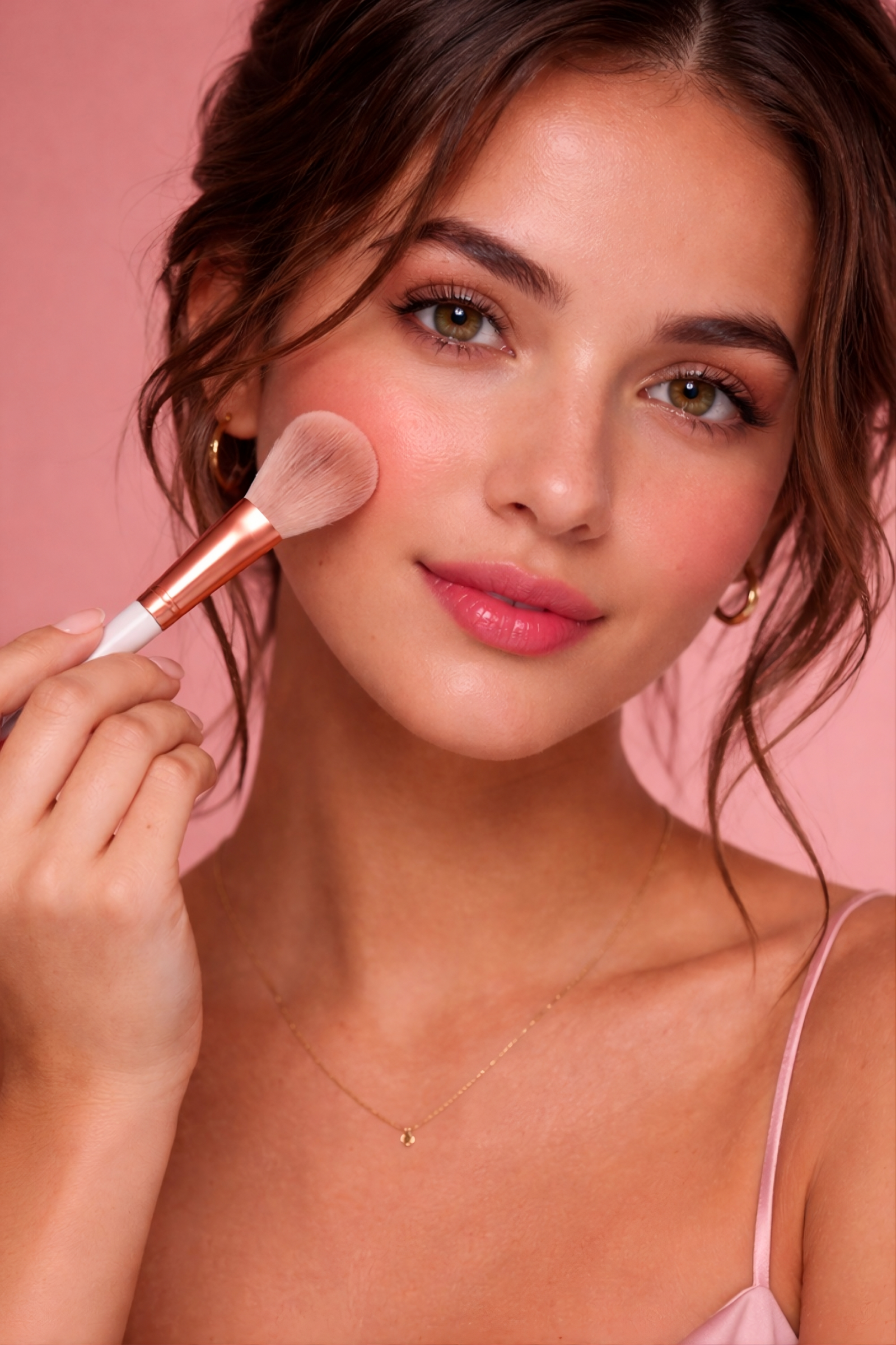 Woman applying makeup with a face brush
