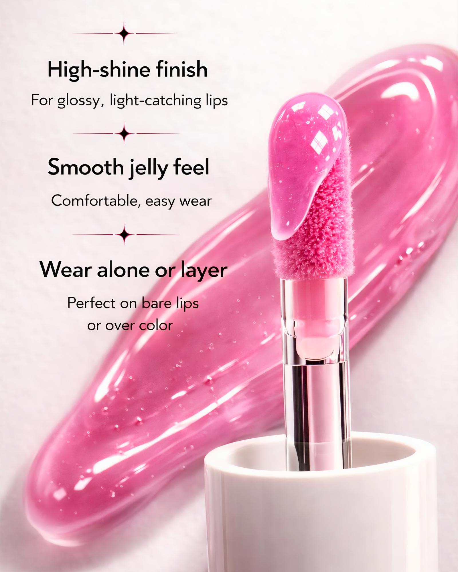 Close-up of glossy pink lip gloss