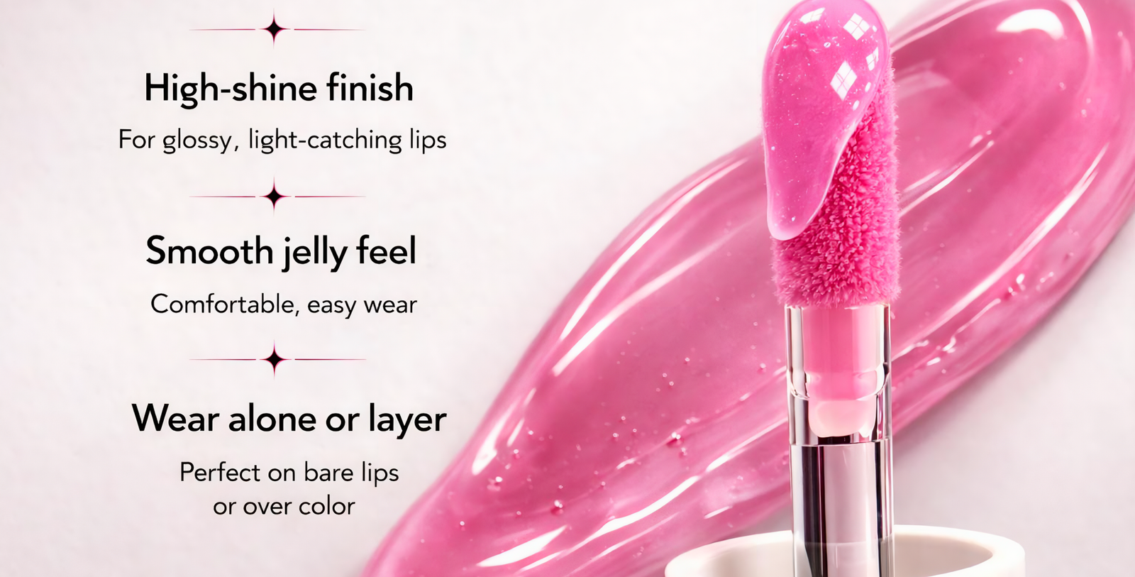 Close-up of glossy pink lip gloss